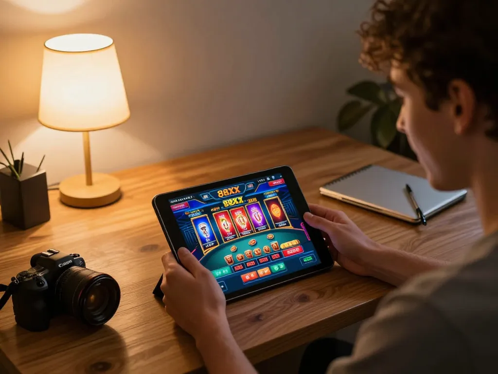 Player engaging with 88xx online casino interface on tablet, showcasing strategic gameplay.