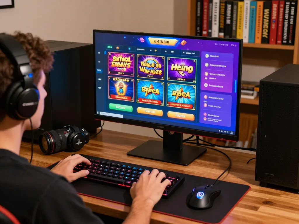 Engaged player enjoying situs slot games on desktop with vibrant graphics.
