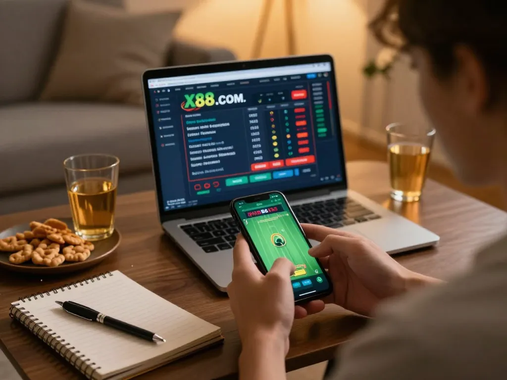 Engaging in sports betting on X88.COM with smartphone and laptop in a cozy living room setting.