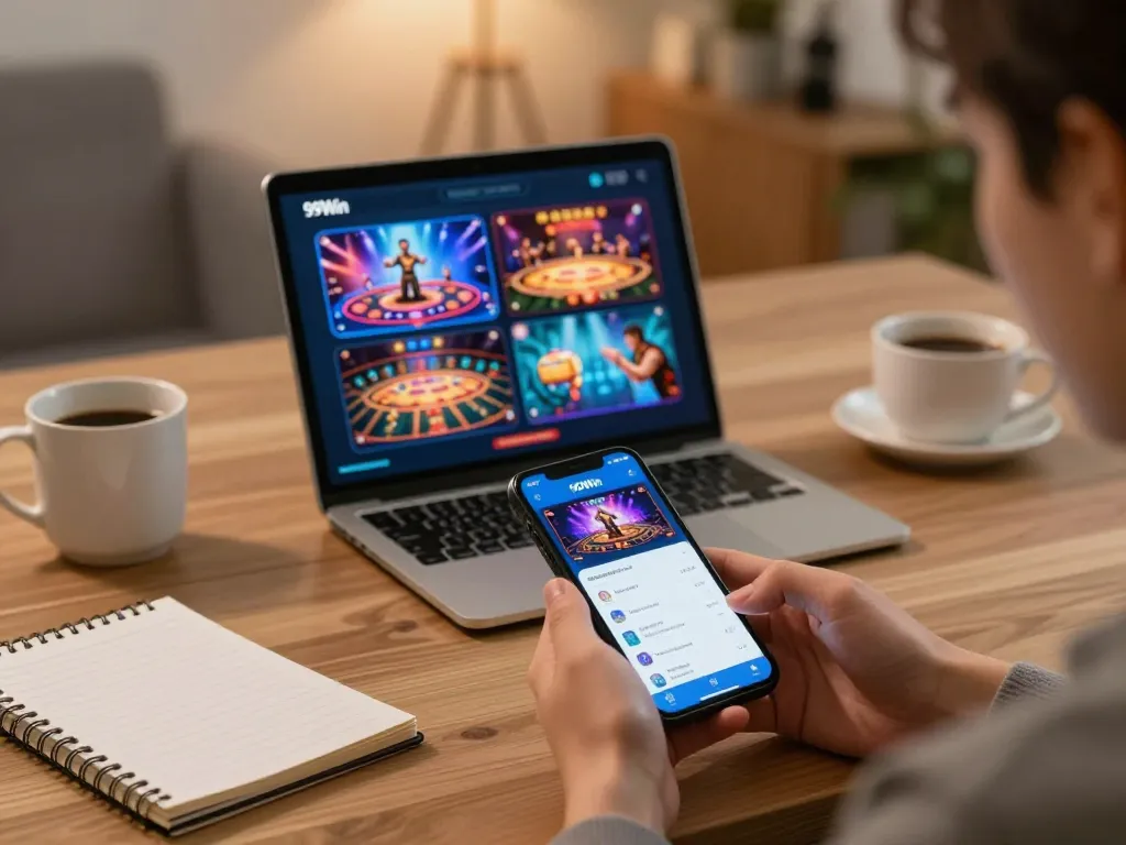 Playing casino games on 99Win mobile app in a cozy home setup