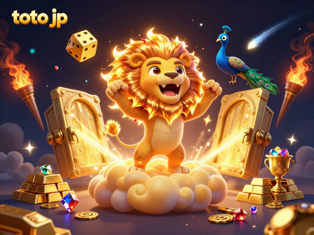 Experience the thrill of toto jp with a dynamic 3D casino scene featuring golden treasures and lucky characters.
