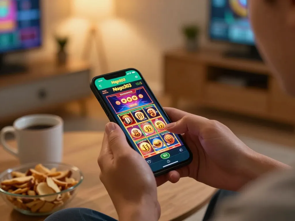 Naga303 mobile gaming experience featuring a smartphone app in a cozy home setting, enjoying responsible gaming.