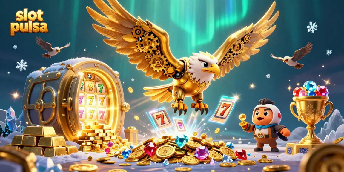 Permainan slot pulsa yang menegangkan dengan slot reel dan simbol keberuntungan, memicu kegembiraan kasino.