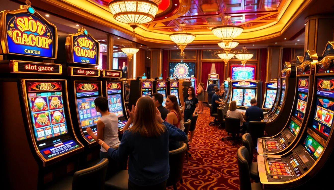 Exciting scene at a casino featuring slot gacor machines surrounded by players and casino decor.