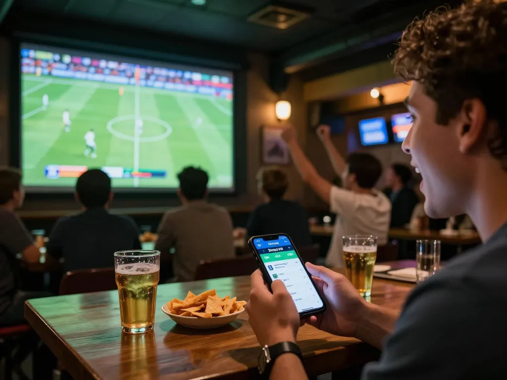 Person enjoying bóng đá o8 sports betting in lively sports bar during a live football match.