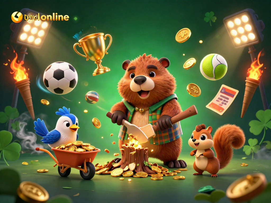 Experience the excitement of togel online with dynamic scenes of a cartoon beaver collecting coins amidst sports elements and luck.