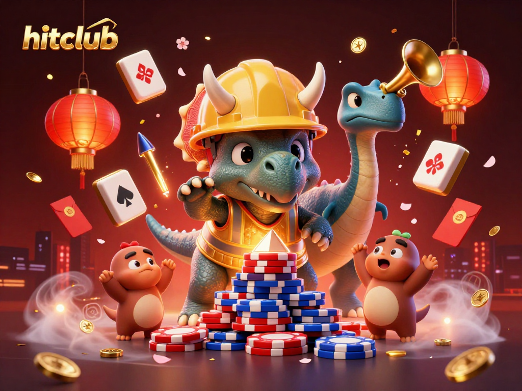 Hitclub’s vibrant casino scene celebrates with animated characters building poker chip pyramids.