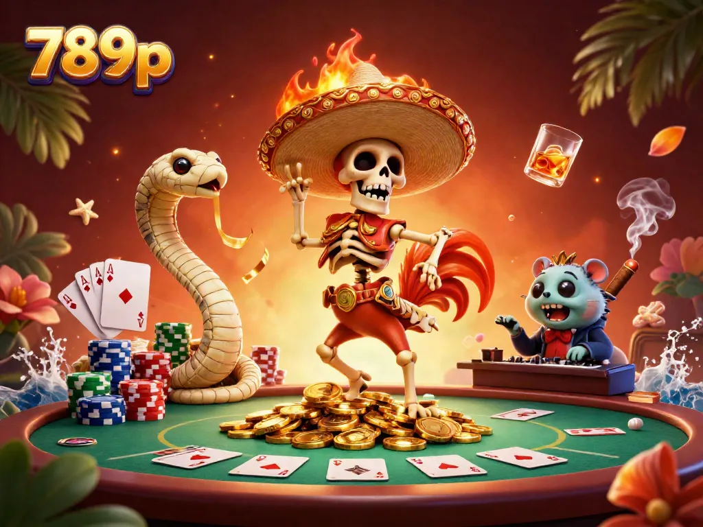 Experience thrilling casino action with 789p, featuring a dynamic scene of gaming characters and poker elements.