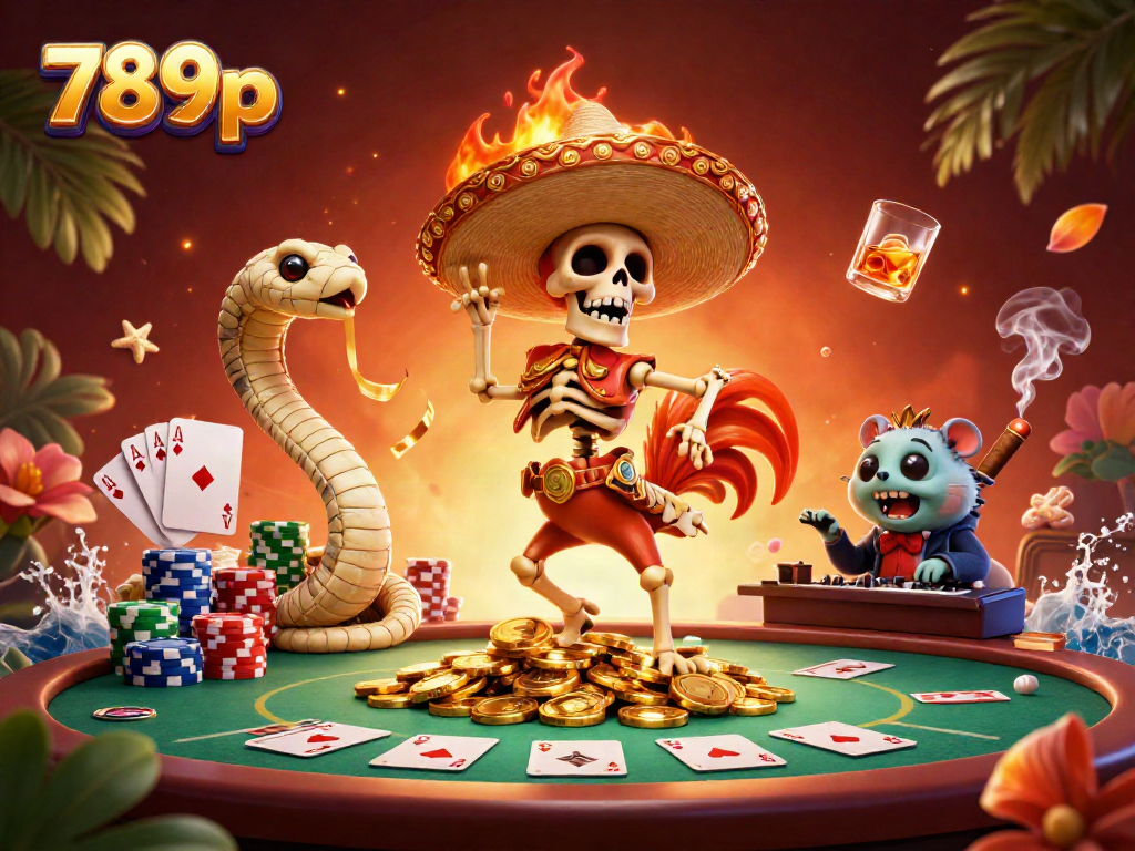 Experience thrilling casino action with 789p, featuring a dynamic scene of gaming characters and poker elements.