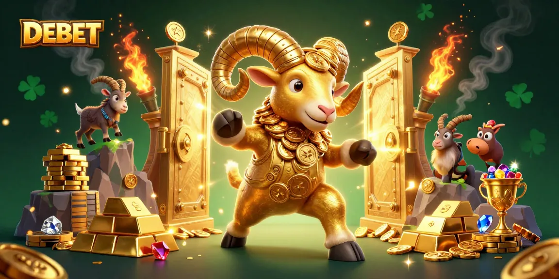 Engage in thrilling bets with DEBET, highlighted by a golden ram charging through a treasure-filled gateway.
