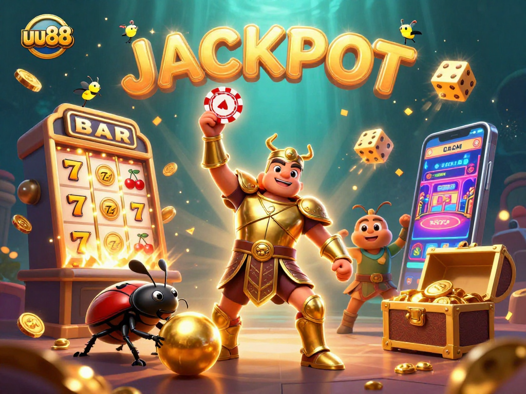 Join the excitement at uu88 with a vibrant celebration of casino gaming including jackpots and thrilling symbols.