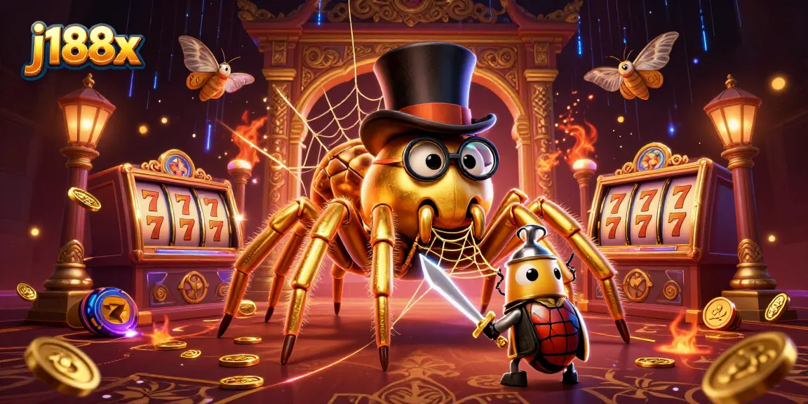 Experience thrilling wins at j188x with a vibrant scene showcasing a golden tarantula and adventurous characters.
