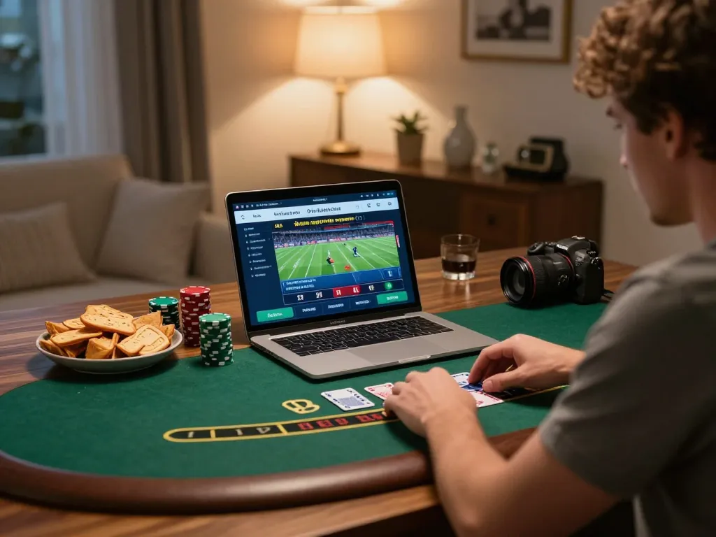 Engaged player at home using F168 for live dealer blackjack, showcasing comfortable online gambling.