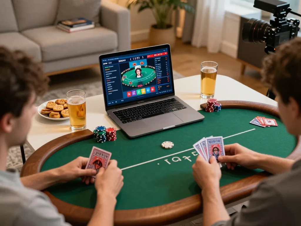 Engaged player strategizing during an online poker game at home with okfun platform interface