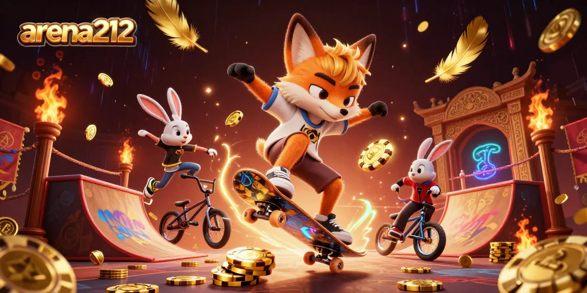 arena212 menghadirkan ilustrasi menakjubkan dengan karakter kasino dalam aksi kickflip dan trik BMX