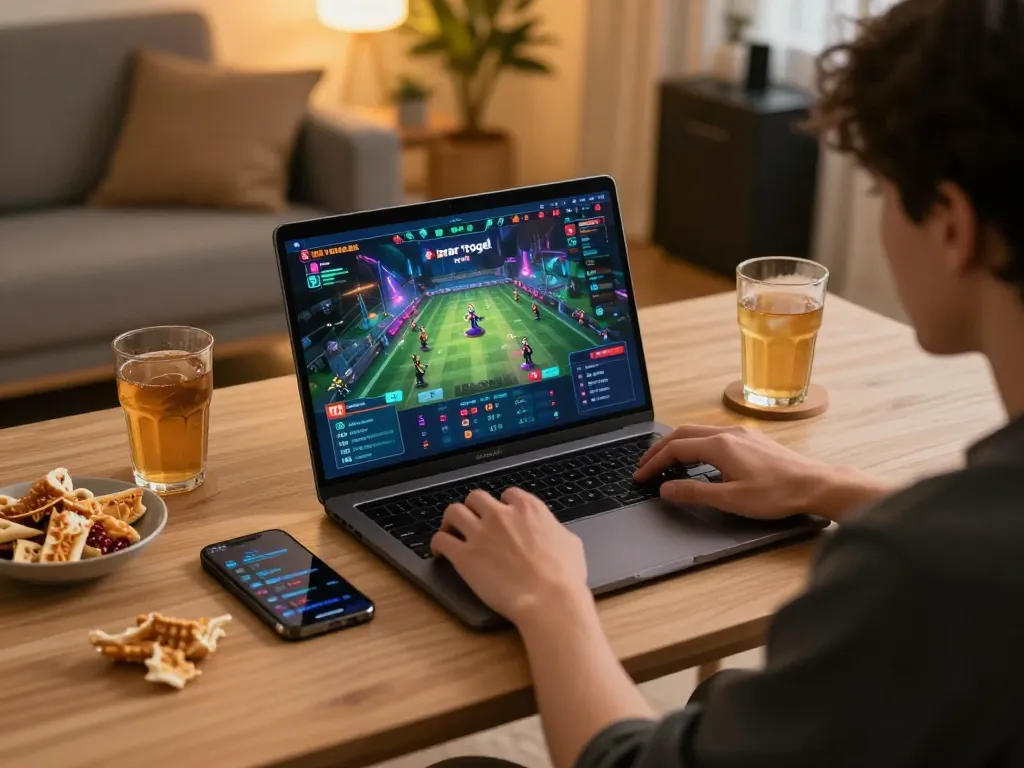 Terlibat dalam permainan bandar togel dari rumah sambil menggunakan laptop dan smartphone.