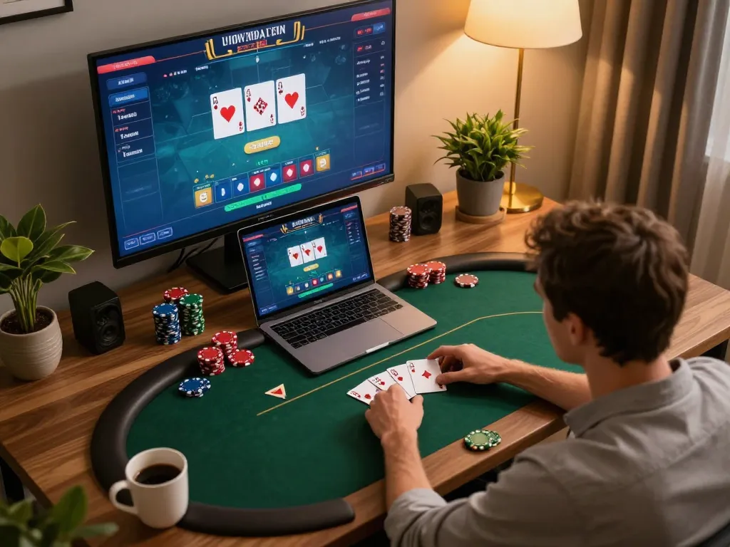 CK444 player engaged in a live dealer poker game from a stylish home office, showcasing strategic online gambling.