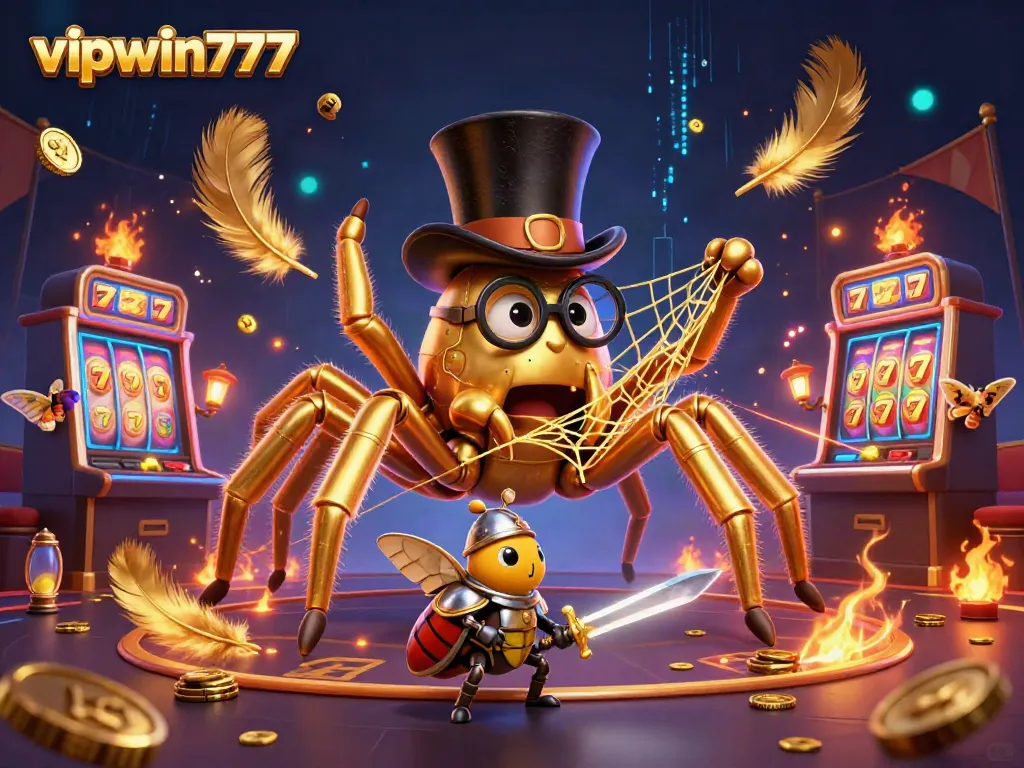 Engage in gaming excitement with vipwin777's dynamic casino scene featuring a golden tarantula and beetle knight.