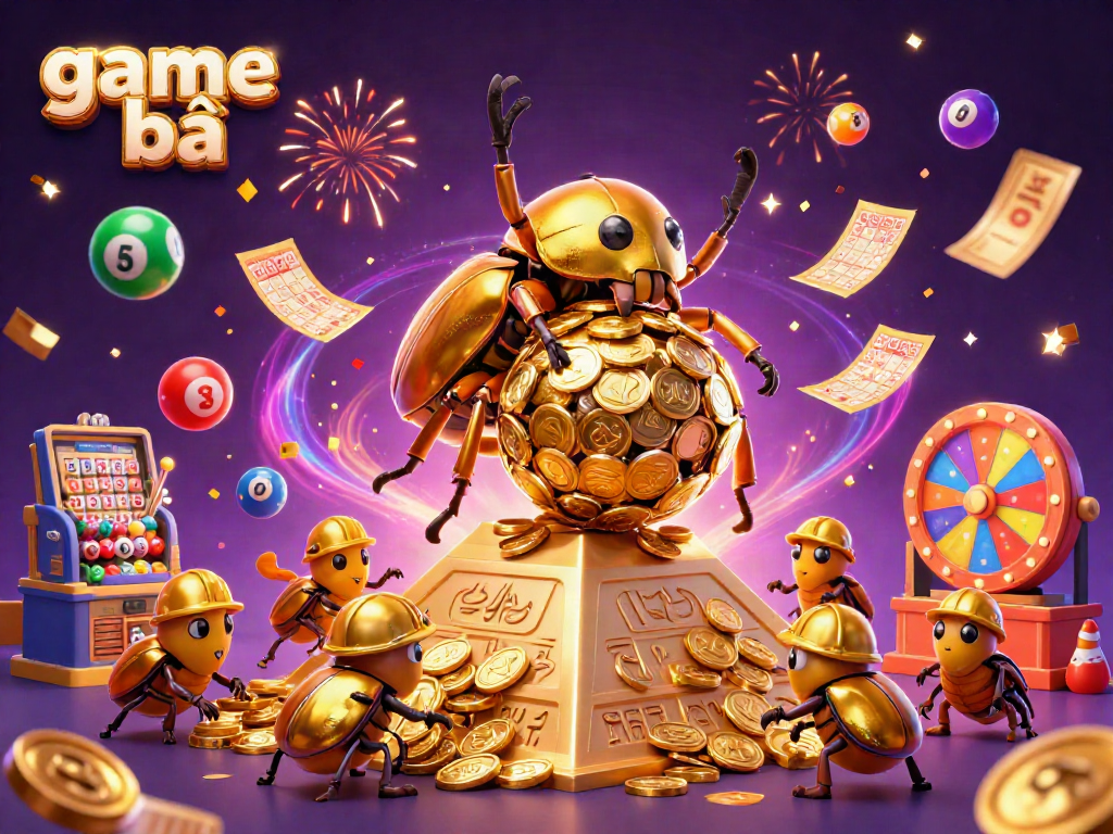 Experience the excitement of game bài with animated beetles rolling coins amidst vibrant casino elements.