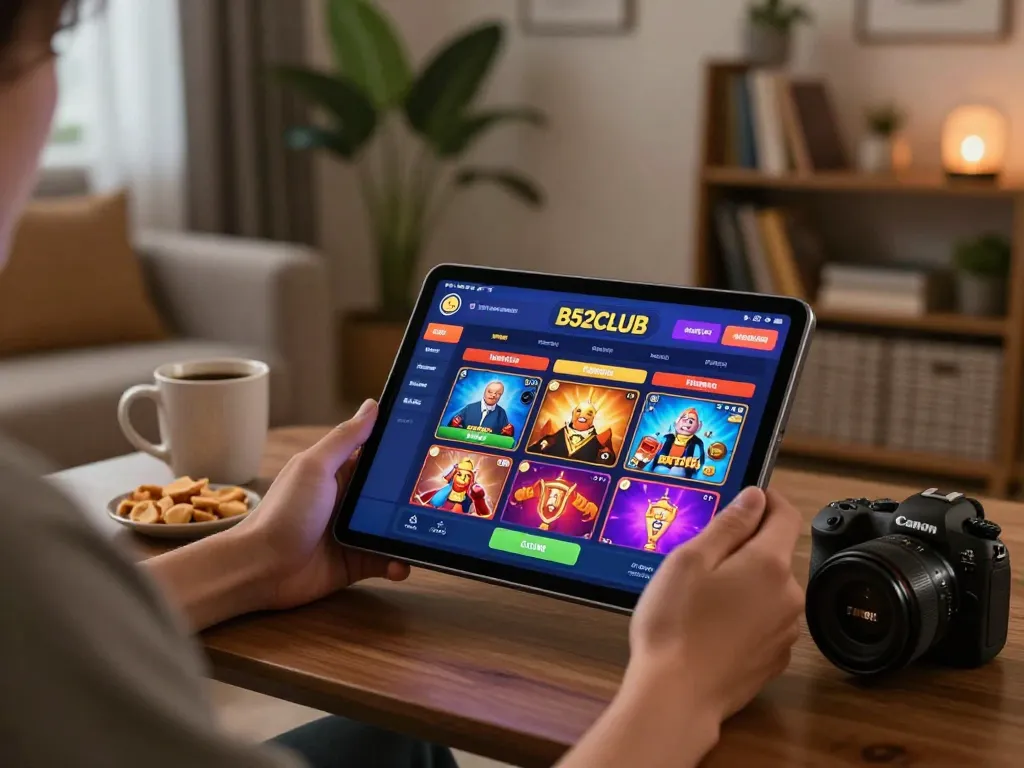 B52CLUB online player engaging in gaming strategy with tablet in cozy home setting