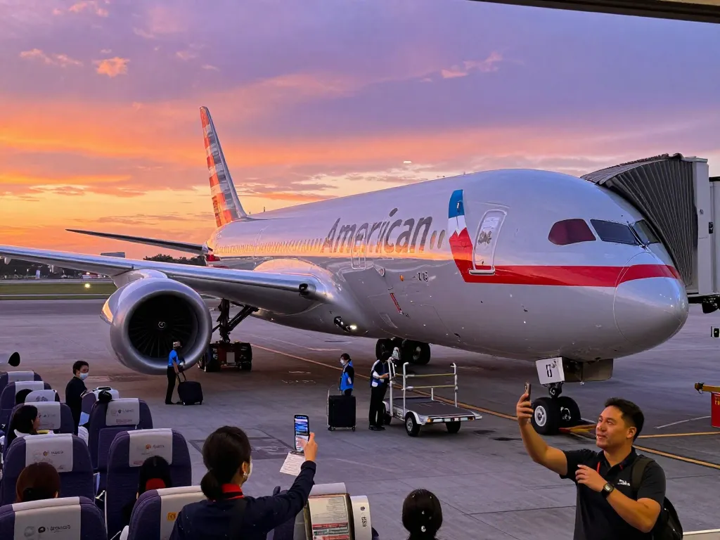 Explore the excitement of boarding an American Airlines Boeing 789P during sunset at the airport.