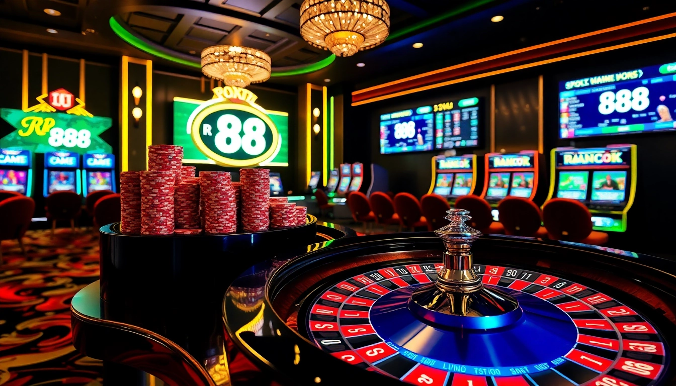 Experience thrilling gameplay at RR 88's stylish online casino with vibrant roulette tables and slot machines.