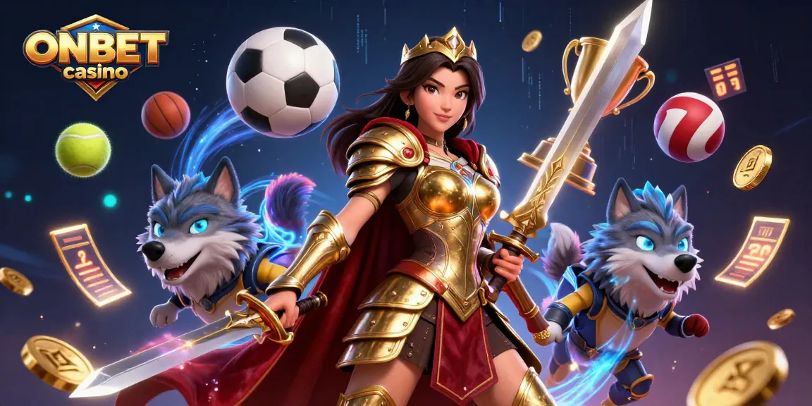 Engage with ONBET casino's thrilling games and competitions featuring sports icons and a vibrant warrior queen.