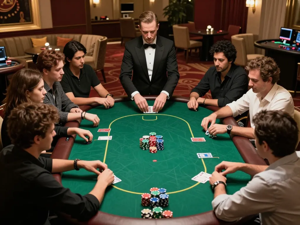 Players enjoy an intense poker game at dh88 casino, highlighting strategic gameplay and excitement.