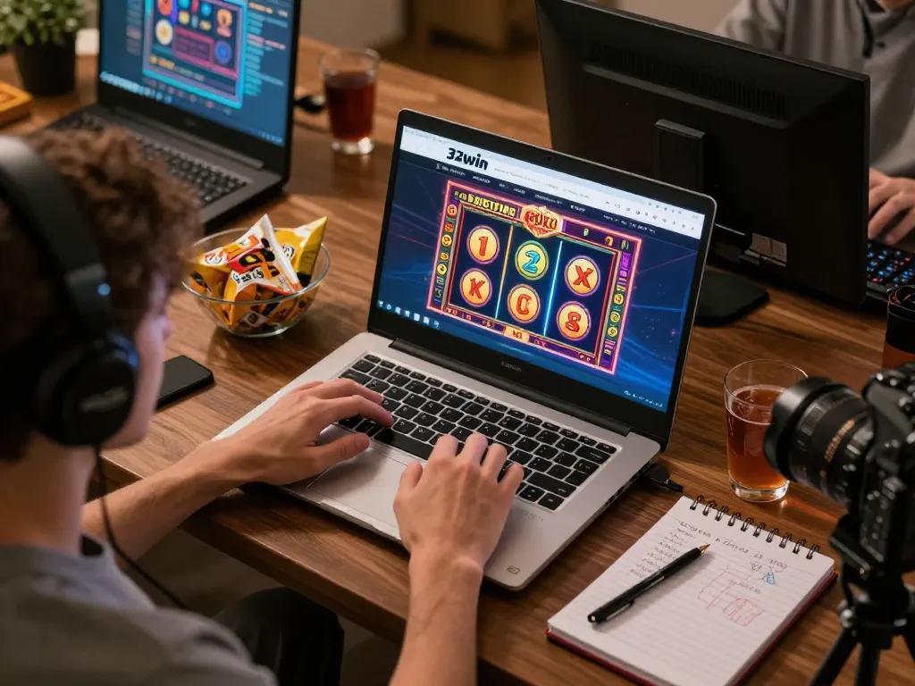Player engaging with the 32win casino site on a laptop, highlighting the excitement of home gaming.