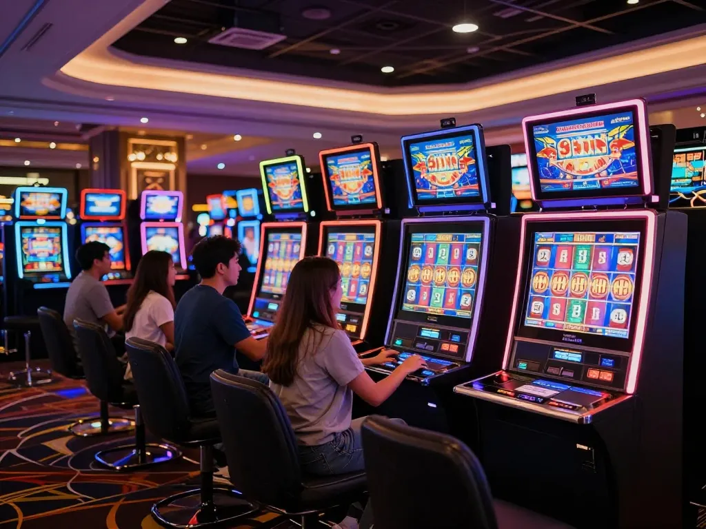 Experience the thrill of nhà cái 388bet with exciting players engaging at vibrant slot machines.
