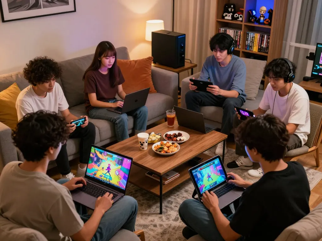 Group enjoying porngames on devices in cozy gaming setting.