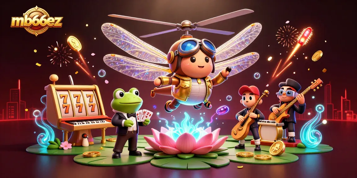 Experience mb66ez gaming with dragonfly pilot, frog dealer, and jazz musicians in a vibrant casino scene.