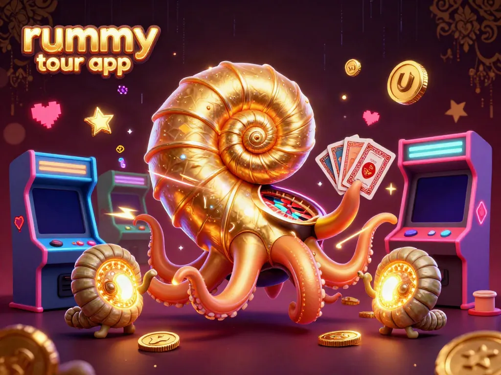 Aplikasi rummy tour app dengan ilustrasi 3D ultra-detailed yang menampilkan karakter nautilus dan elemen permainan.