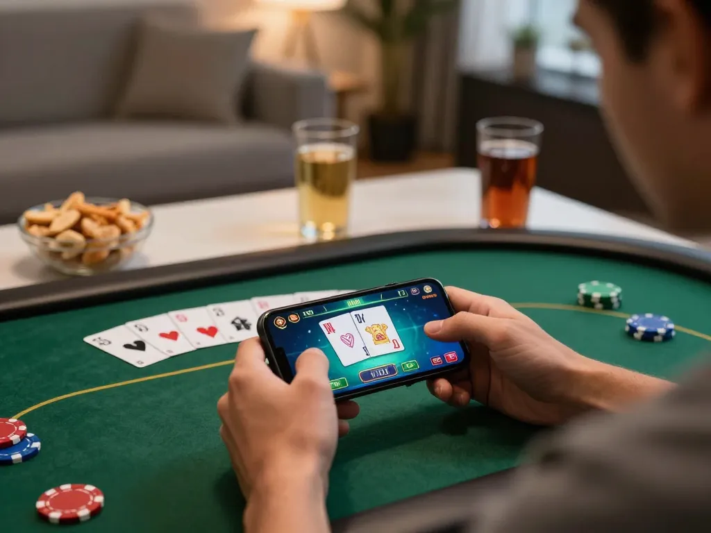 Player enjoying mobile poker on smartphone, enhancing their lc88 trang chu gaming strategy at home