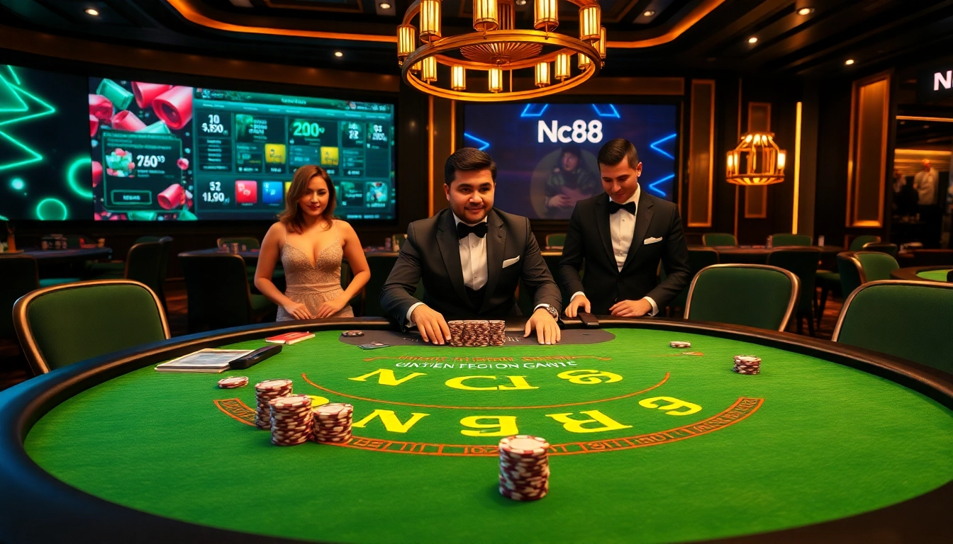Experience an exciting Nc88 blackjack table with professional players and vibrant chips.