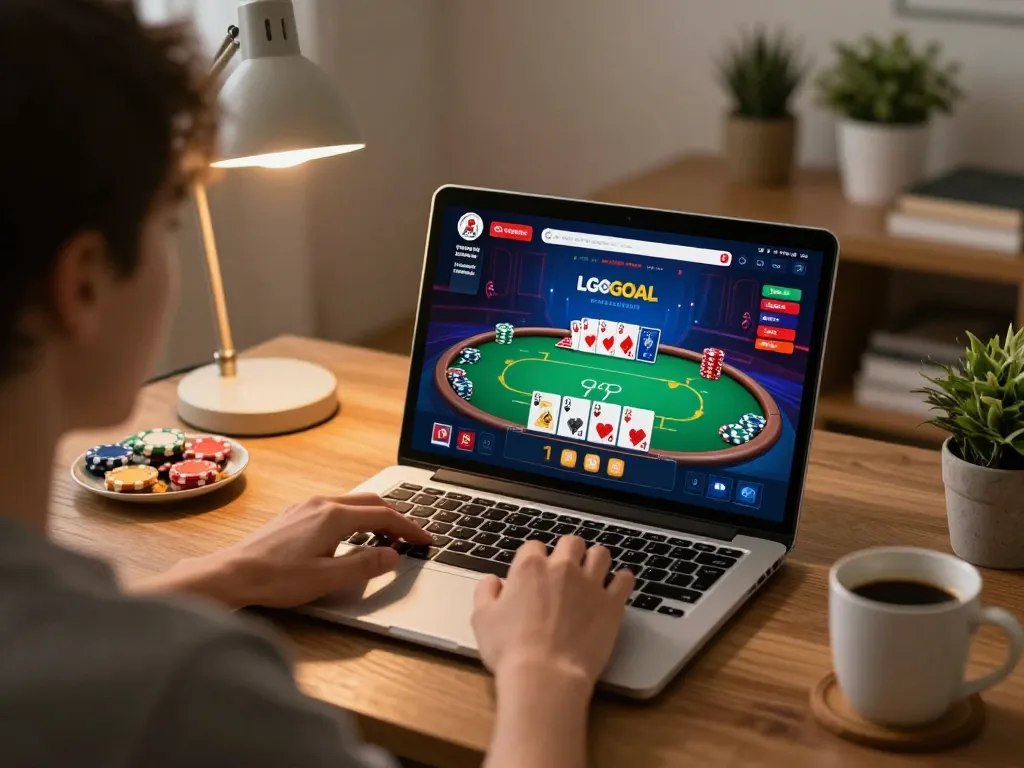 Player enjoying online gaming at LGOGOAL platform with poker cards on screen