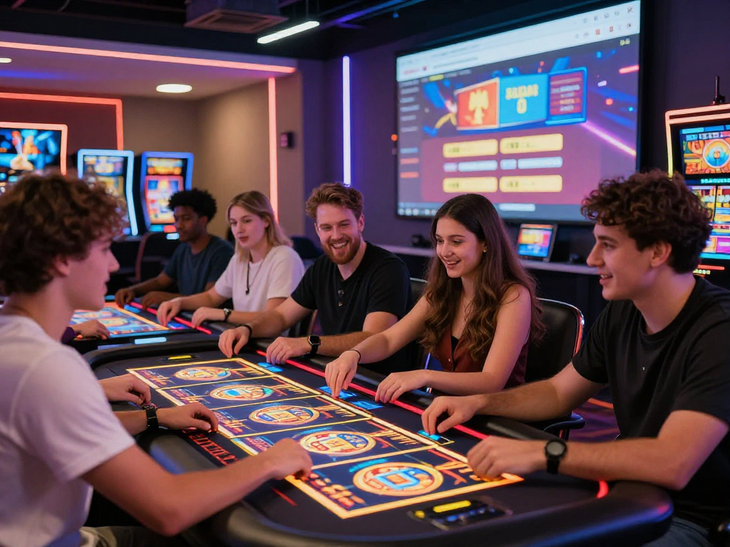 Pengalaman bermain di situs slot gacor dengan pemain yang terlibat di meja game modern yang cerah.
