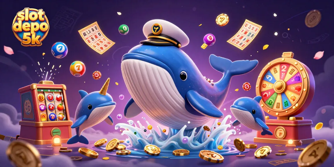 Slot depo 5k menampilkan ikan paus 3D dan elemen judi dinamis dalam ilustrasi ceria.