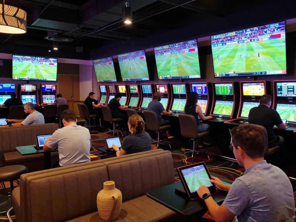 Betting on live sports at Bsport in a lively casino setting with screens and enthusiastic participants.