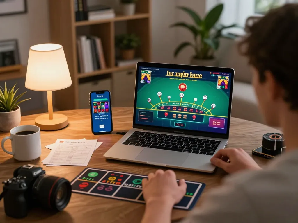 Engaged player enjoying cm88 online blackjack game on laptop in cozy home setting