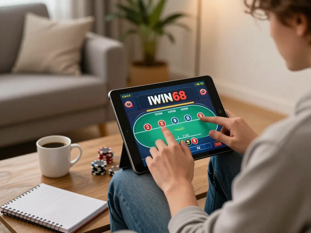 IWIN68 player enjoying an online poker game on a tablet in a cozy living room.