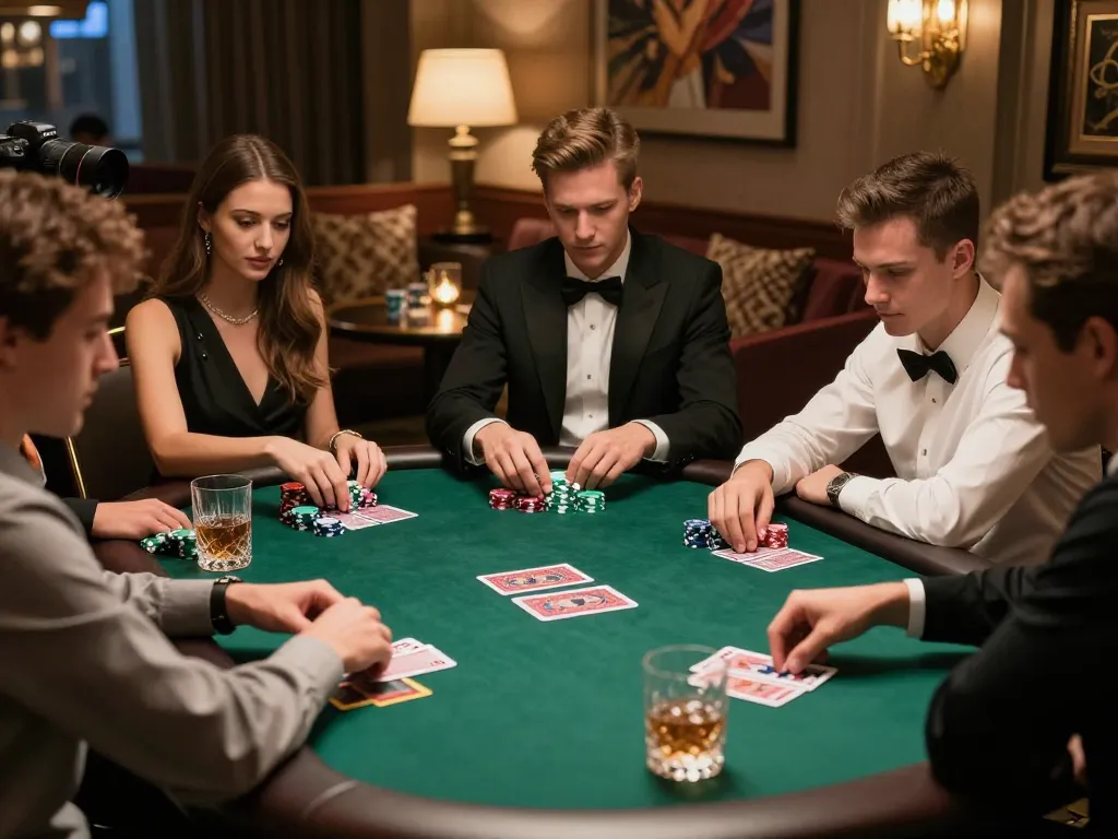 Players enjoying a strategic game of poker at an upscale casino, featuring Go 88 vibes.