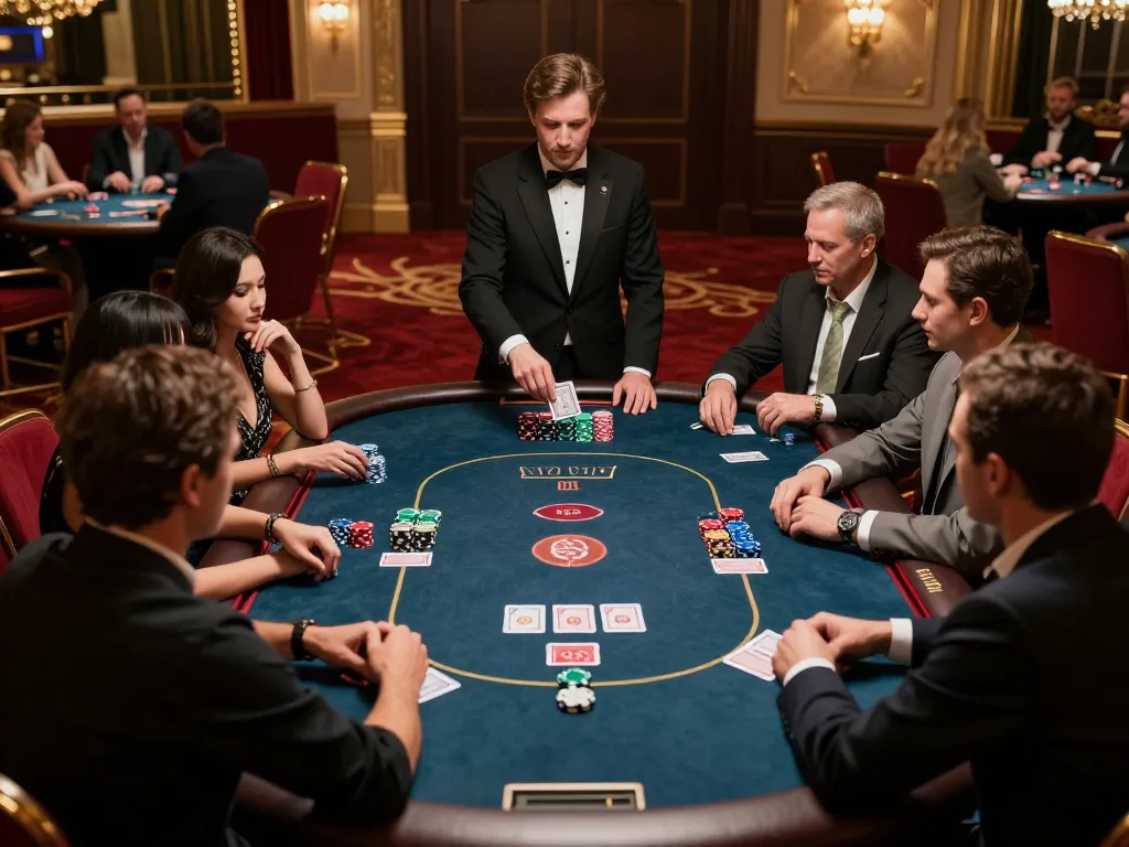 Engaged players at a lively poker table at 789club in an upscale casino, showcasing strategic gameplay.