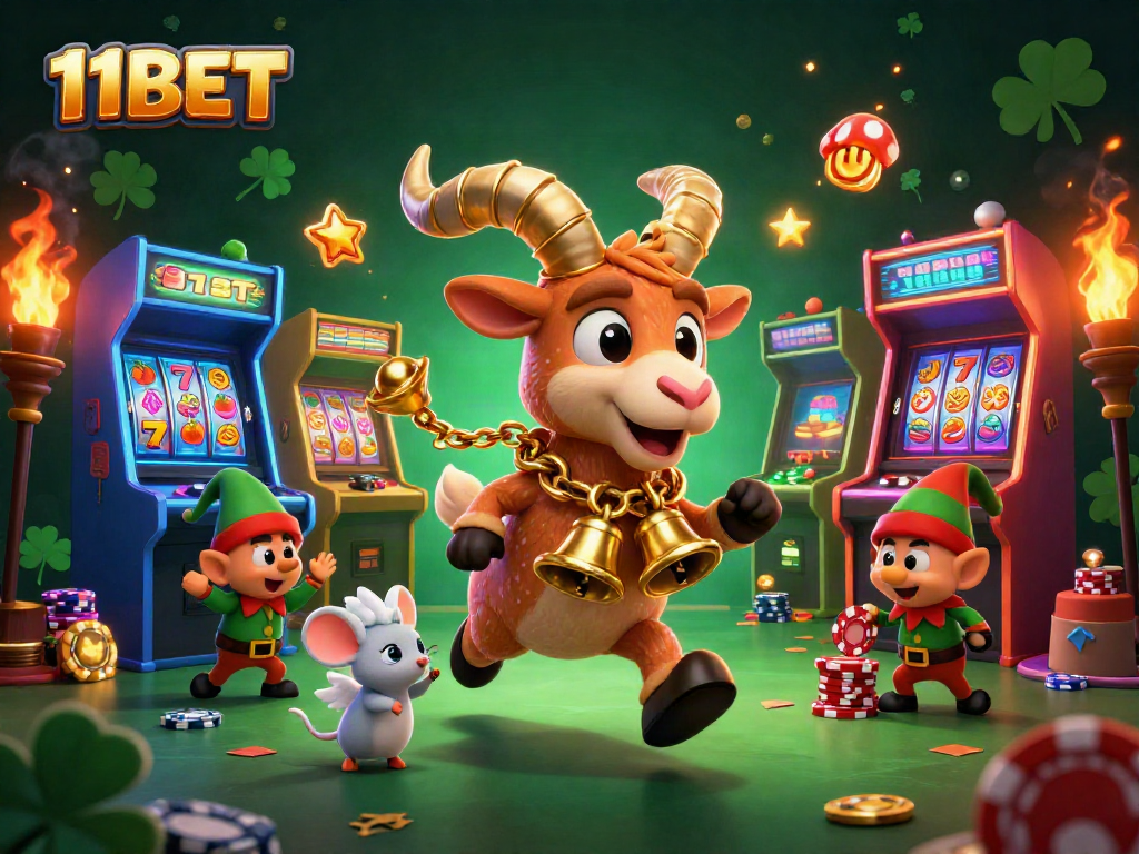 Experience winning at 11BET with a lively holiday casino scene featuring festive elements and playful characters.