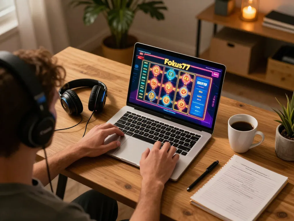 Enjoying a thrilling game on Fokus77 slots, showcasing vibrant visuals and strategic setup