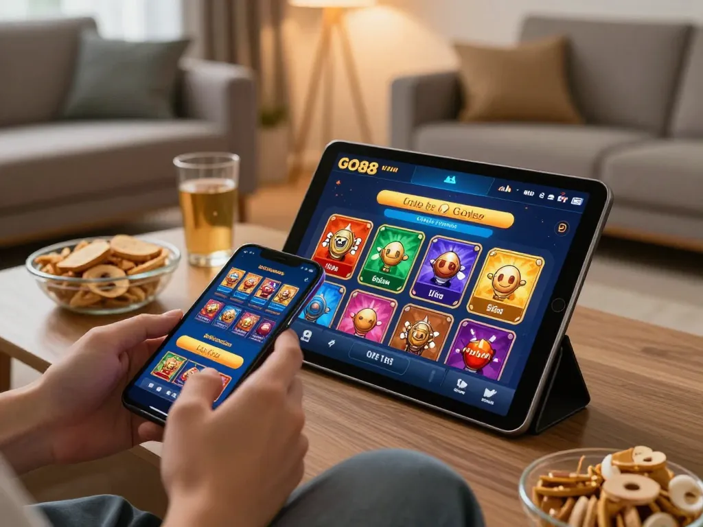 Hands engaging with the GO88 app, showcasing vibrant casino games in a cozy home setting.