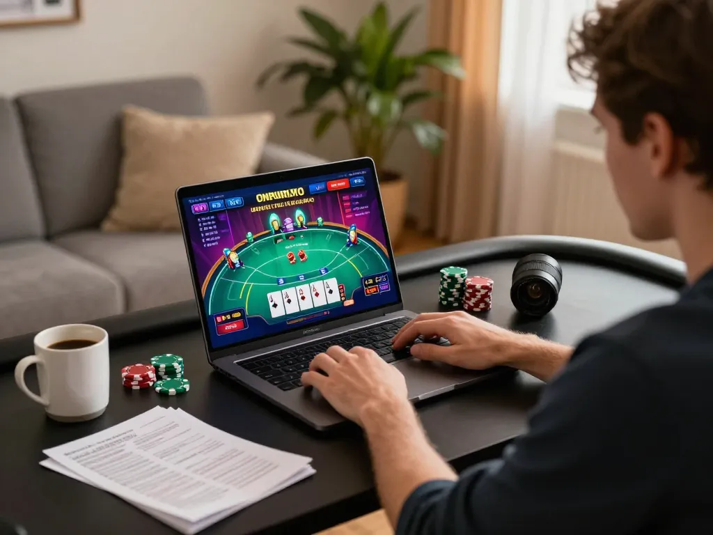 Player strategizing with n188 online casino poker game on laptop in cozy home setup.