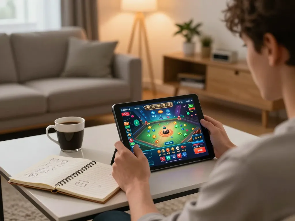 Engaging gameplay on trang chủ kuwin with a cozy home atmosphere and strategic notebook nearby.