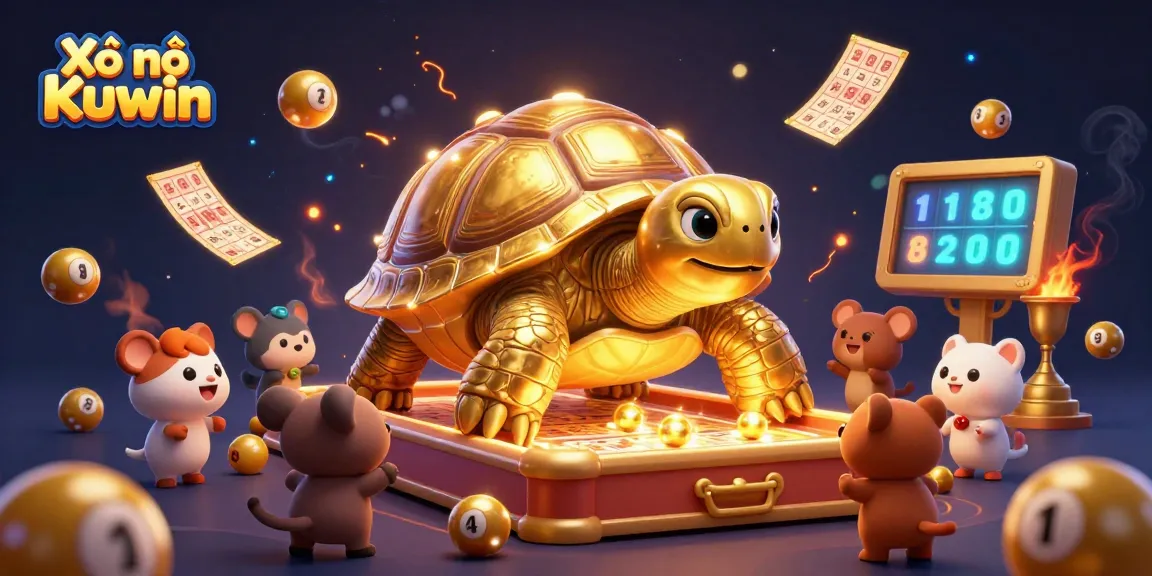 Xổ số Kuwin gameplay scene with flashy elements, golden tortoise pinball machine, and energetic animals.