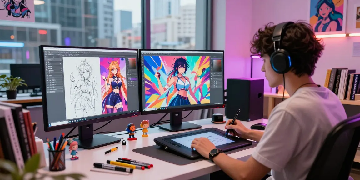 Creating unique avatars for ai hentai chat in a vibrant digital art studio.